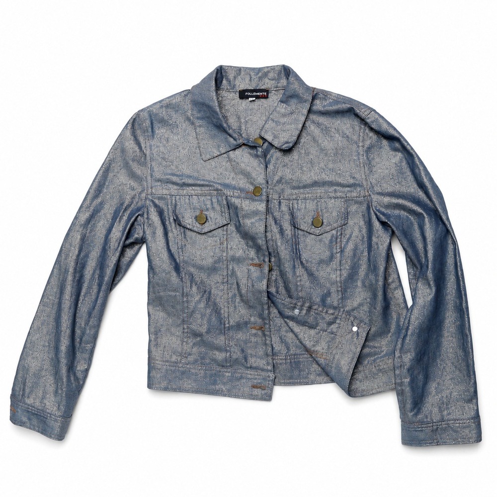 Follemente Metallic Denim Jacket Women's 42 Blue Gold Lurex Trucker Italy